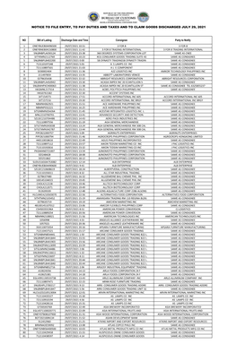 Notice to File Entry, to Pay Duties and Taxes and to Claim Goods Discharged July 29, 2021