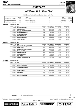 START LIST 400 Metres Girls - Semi-Final