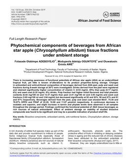 Phytochemical Components of Beverages from African Star Apple (Chrysophyllum Albidum) Tissue Fractions Under Ambient Storage