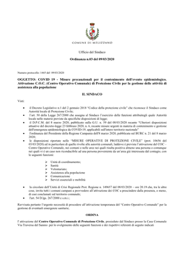 Ufficio Del Sindaco Ordinanza N.03 Del 09/03/2020 OGGETTO: COVID 19