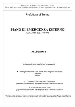 Piano Di Emergenza Esterno Stabilimento Alenia Aeronautica – S.Maurizio C.Se