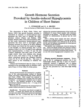 Growth Hormone Secretion Provoked by Insulin-Induced Hypoglycaemia in Children of Short Stature