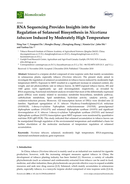 RNA Sequencing Provides Insights Into the Regulation of Solanesol Biosynthesis in Nicotiana Tabacum Induced by Moderately High Temperature