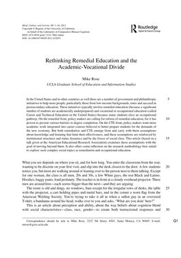 Rethinking Remedial Education and the Academic-Vocational Divide