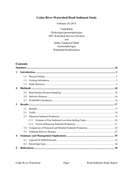 Cedar River Watershed Road Sediment Study Contents