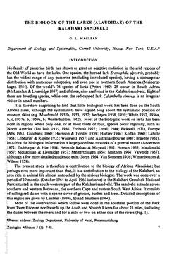 THE BIOLOGY of the LARKS (ALAUDIDAE) of the KALAHARISANDVELD Department of Ecology and Systematics, Cornell University, Ithaca