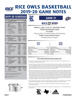 Rice Owls Basketball 2019-20 Game Notes 2019-20 Schedule Game 31 October 31 St