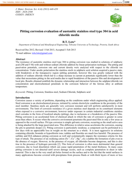 Pitting Corrosion Evaluation of Austenitic Stainless Steel Type 304 in Acid Chloride Media