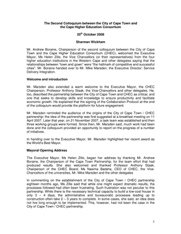 Report on CHEC and City of Cape Town Colloquium, 2007, Sharman