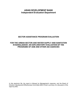 Urban Sector and Water Supply and Sanitation in Bangladesh: an Exploratory Evaluation of the Programs of Adb and Other Aid Agencies