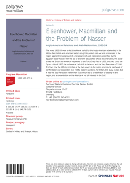 Eisenhower, Macmillan and the Problem of Nasser Anglo-American Relations and Arab Nationalism, 1955-59