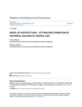 Model of Architectural - City-Building Formation of Historical Bazaars of Central Asia