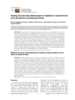 Nesting of Social Wasps (Hymenoptera: Vespidae) in a Riparian Forest of Rio Das Mortes in Southeastern Brazil