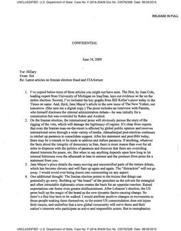CONFIDENTIAL June 14, 2009 For: Hillary From: Sid Re: Latest Articles