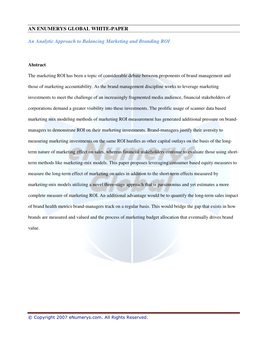 AN ENUMERYS GLOBAL WHITE-PAPER an Analytic Approach to Balancing Marketing and Branding