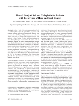 Phase I Study of S-1 and Nedaplatin for Patients with Recurrence of Head and Neck Cancer