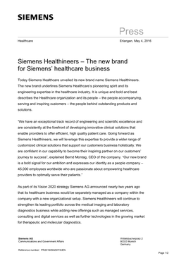 Siemens Healthineers – the New Brand for Siemens’ Healthcare Business