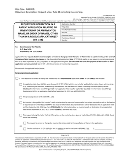 Request for Correction in a Patent Application Relating to Inventorship Or an Inventor Name, Or Order of Names, Other Than in a Reissue Application (37 Cfr 1.48)