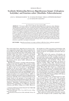 Symbiotic Relationship Between Hypothenemus Hampei (Coleoptera: Scolytidae) and Fusarium Solani (Moniliales: Tuberculariaceae)