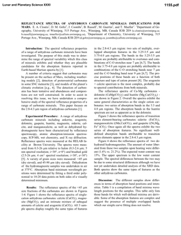 REFLECTANCE SPECTRA of ANHYDROUS CARBONATE MINERALS: IMPLICATIONS for MARS. E. A. Cloutis1, D. M. Goltz2, J. Coombs2, B. Russell1, M