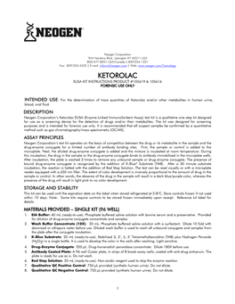 Ketorolac Elisa Kit Instructions Product #105619 & 105616 Forensic Use Only