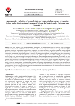 A Comparative Evaluation of Hematological and Biochemical Parameters Between the Italian Mullet Mugil Cephalus (Linnaeus 1758)