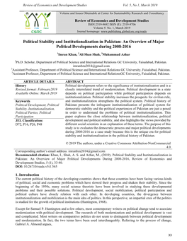 Political Stability and Institutionalization in Pakistan: an Overview of Major Political Developments During 2008-2016