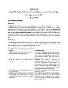 CARE Uganda Digital Sub-Wallets for Increased Financial Empowerment of Women Project Semi-Rapid Gender Analysis August 2017 EXECUTIVE SUMMARY