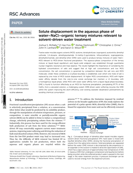 Solute Displacement in the Aqueous Phase of Water–Nacl–Organic Ternary Mixtures Relevant to Cite This: RSC Adv., 2020, 10,29516 Solvent-Driven Water Treatment