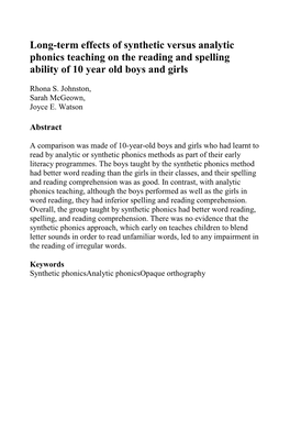 Long-Term Effects of Synthetic Versus Analytic Phonics Teaching on the Reading and Spelling Ability of 10 Year Old Boys and Girls