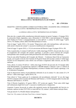 Convocazione Comizi Elettorali Per L’Elezione Del Consiglio Della Citta’ Metropolitana Di Torino