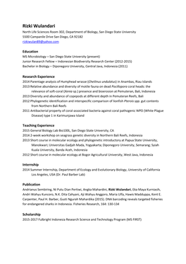 Rizki Wulandari North Life Sciences Room 302, Department of Biology, San Diego State University 5500 Campanile Drive San Diego, CA 92182 Rizkiwulan89@Yahoo.Com