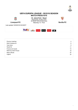 UEFA EUROPA LEAGUE - 2015/16 SEASON MATCH PRESS KITS St