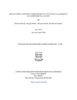 Speculation, Money Supply and Price Indeterminacy in Financial Markets: an Experimental Study*