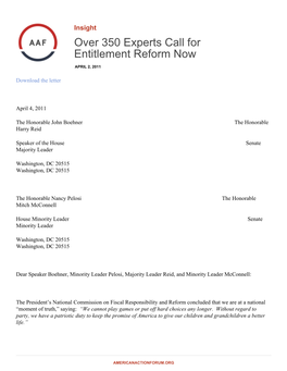 Over 350 Experts Call for Entitlement Reform Now