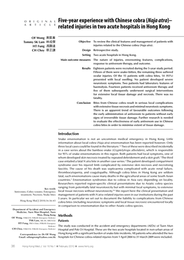 Five-Year Experience with Chinese Cobra (Naja Atra)-Related Injuries In