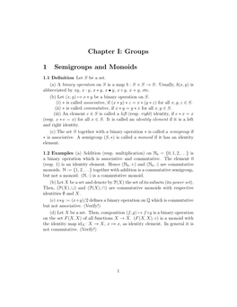 Chapter I: Groups 1 Semigroups and Monoids