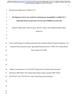 Development of an in Vitro Model for Animal Species Susceptibility to SARS-Cov-2