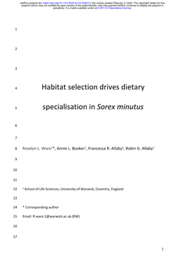 Habitat Selection Drives Dietary Specialisation in Sorex Minutus