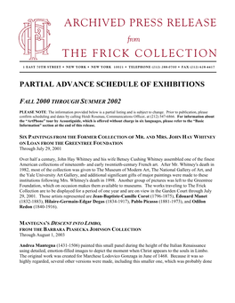 Archived Press Release the Frick Collection