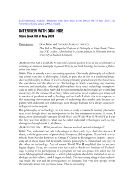 Interview with Don Ihde, Stony Brook 9Th of May 2003”, In: Januar 2004, 15 Sider] INTERVIEW with DON IHDE Stony Brook 9Th of May 2003