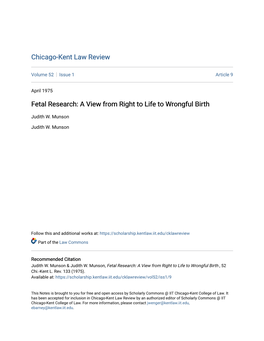 Fetal Research: a View from Right to Life to Wrongful Birth