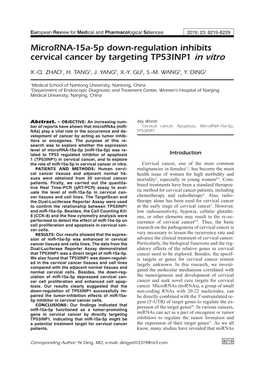 Microrna-15A-5P Down-Regulation Inhibits Cervical Cancer by Targeting TP53INP1 in Vitro