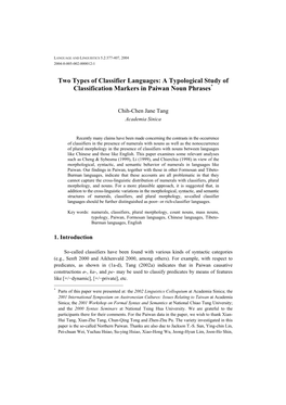 Two Types of Classifier Languages: a Typological Study of Classification Markers in Paiwan Noun Phrases*