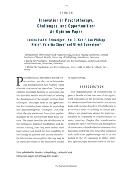 Innovation in Psychotherapy, Challenges, and Opportunities: an Opinion Paper