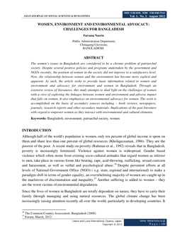 WOMEN, ENVIRONMENT and ENVIRONMENTAL ADVOCACY: CHALLENGES for BANGLADESH Farzana Nasrin Public Administration Department, Chittagong University, BANGLADESH