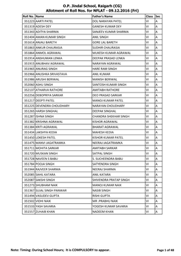 OP Jindal School, Raigarh (CG) Allotment of Roll Nos. for NFLAT