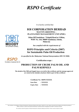 RSPO Certificate