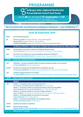 PROGRAMME Èmecolloque Inter-Régional Recherche Paramédicale Grand Sud-Ouest Jeudi8 26 Et Vendredi 27 Septembre 2019 Faculté De Médecine - Amphithéâtre UPM 641 Av