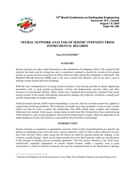 Neural Network Analysis of Seismic Intensity from Instrumental Records